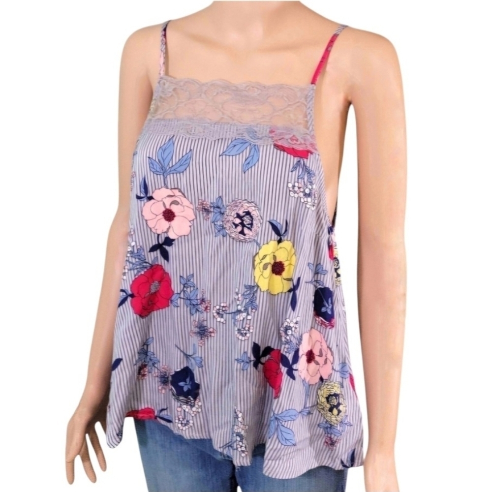 Dainty Hooligan Womens Striped Floral Blouse With Gray Crotchet Detail Size M